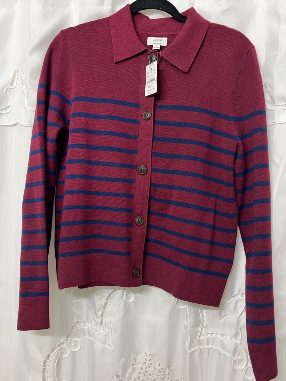 J.Crew Striped Cotton Sweater Cardigan Red Blue Collared Button Front Medium NWT - Picture 9 of 13